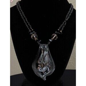Art Glass Murano Style Black Brown Double Strand Seed Bead Chocker Necklace